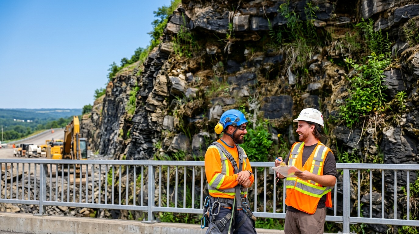 Deux travailleurs de Construction & Expertise PG sur un chantier industriel, équipés de casques et de vestes de sécurité.