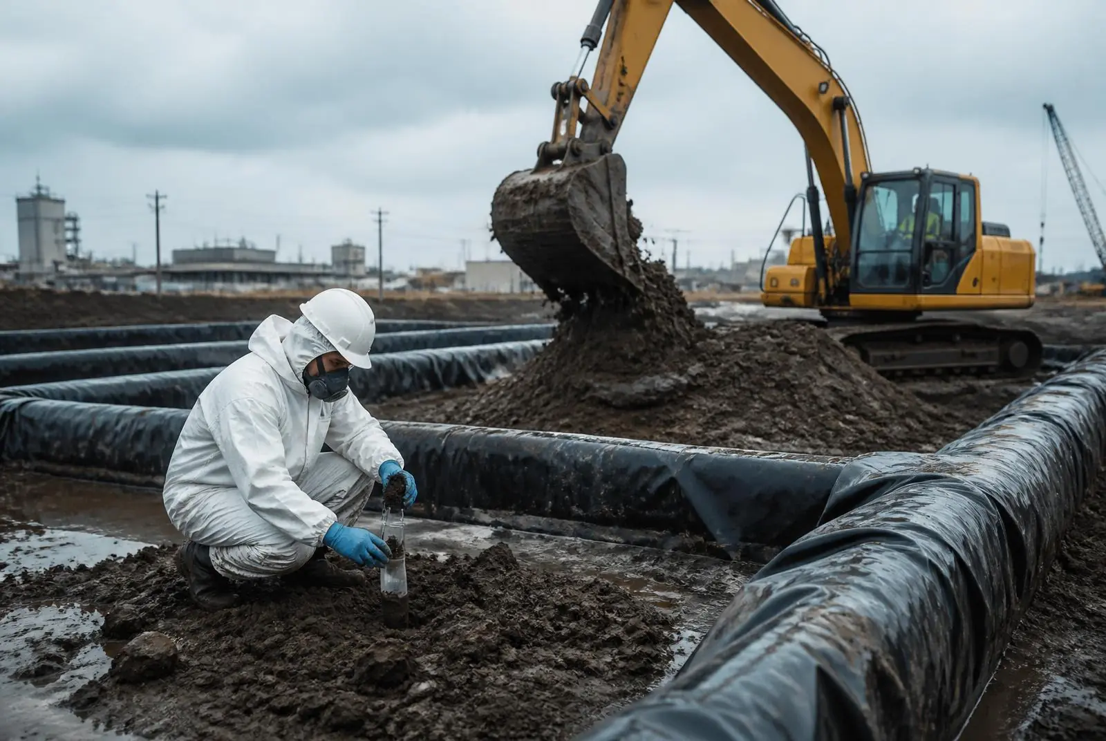 Technicien en combinaison de protection prélevant un échantillon de sol contaminé.