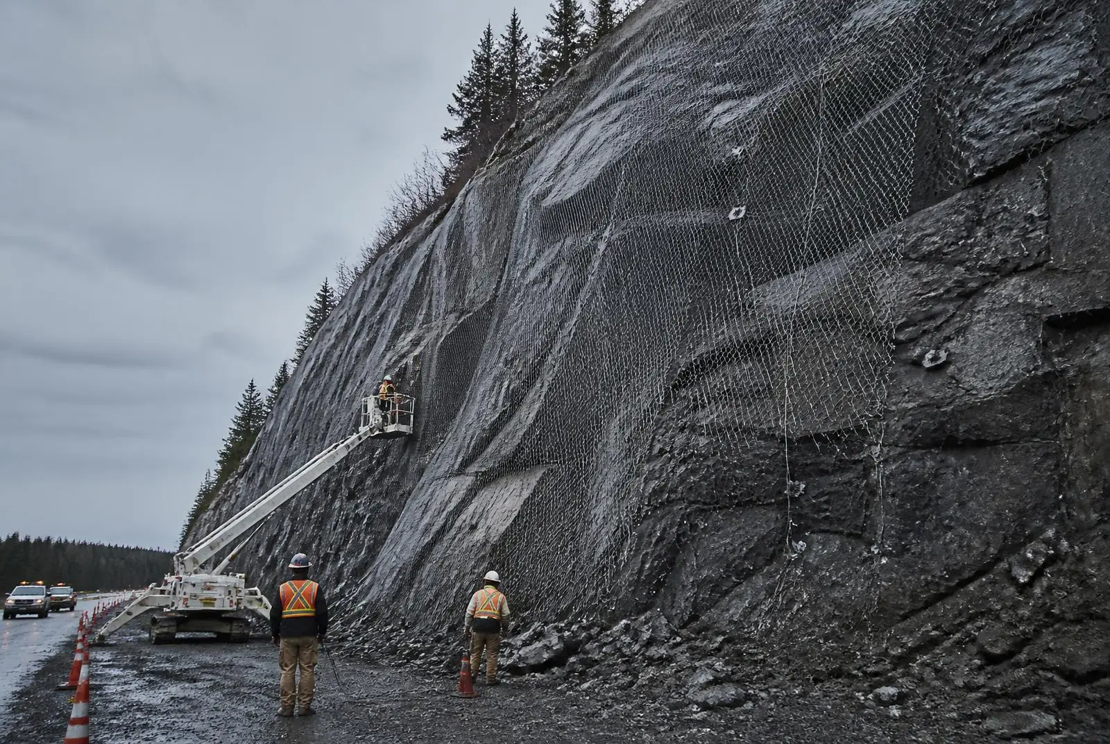 Équipe installant des boulons d’ancrage et un treillis métallique sur une paroi rocheuse.