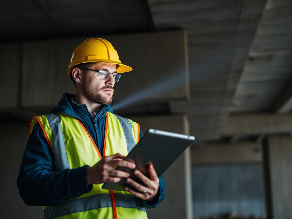 Ingénieur inspectant une structure de béton avec une tablette