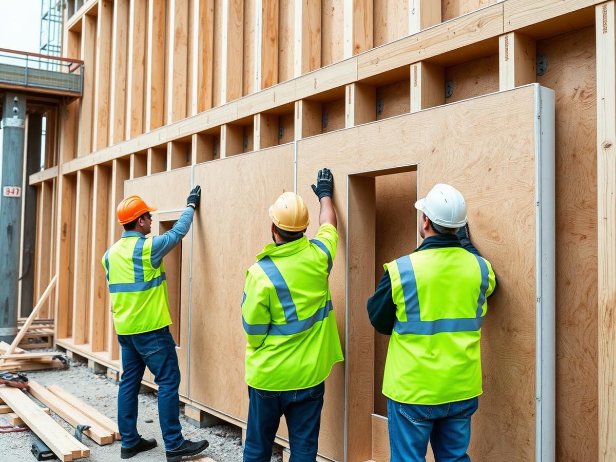 Charpentiers assemblant des panneaux de coffrage sur un chantier