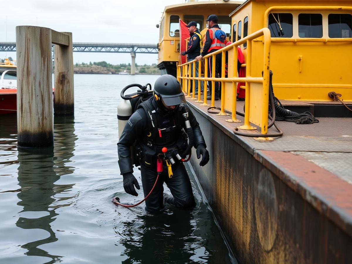 Plongeur professionnel intervenant près d’une pile de pont